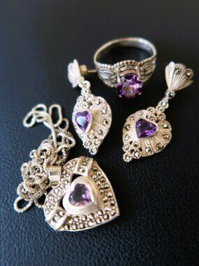 925 Sterling Silver Amethyst Marcasite Purple Heart Jewelry Set 4 Piece